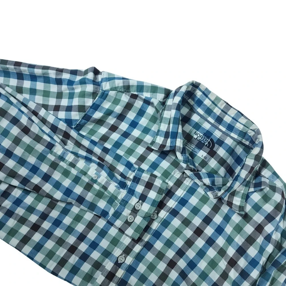 The North Face Mens Long Sleeve Gingham Button Up Shirt Large L Blue Green Brown - Picture 2 of 7